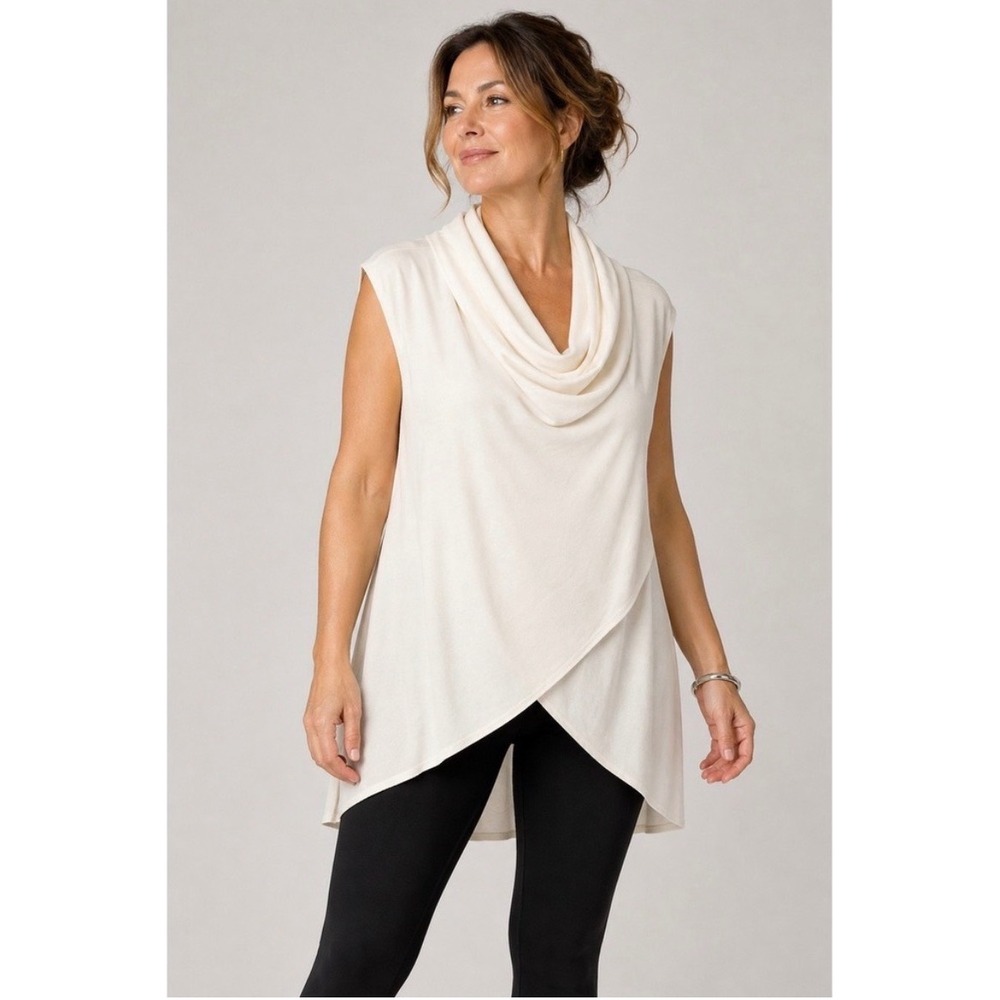 Bryn Walker Cowl Neck Tunic Top Lagenlook Cream XL Sleeveless Crossover Hem